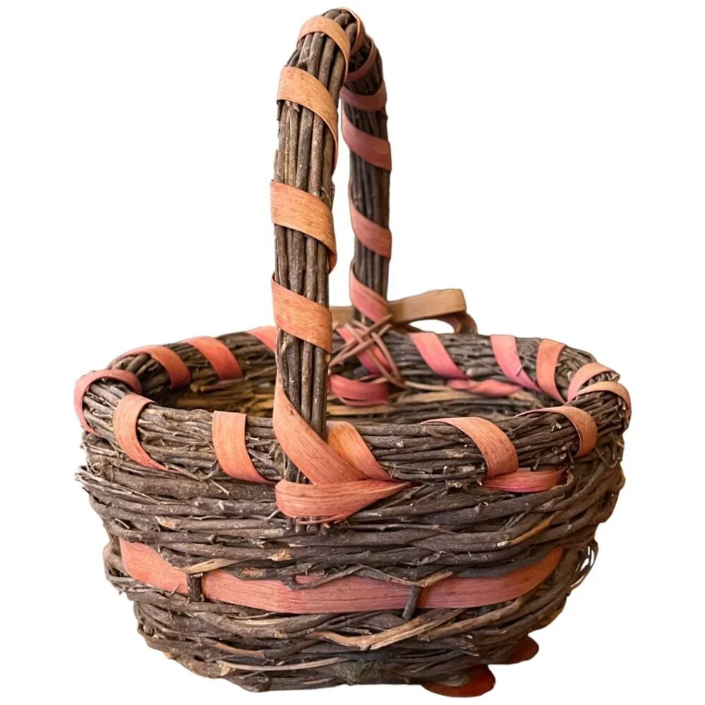 Vtg Shabby Chic Rustic Brown Oval Basket Sticks Twigs Fiber Bow & 